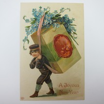 Postcard New Year&#39;s Child Boy Postman Delivers Box Blue Flowers Embossed Antique - £7.81 GBP