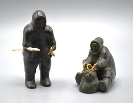 Amidlak Soapstone Inuit Carvings Man w/ Spear &amp; Seal E9-1562 Signed Vintage - £879.03 GBP