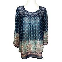 Sheer Boho Lace Trimmed Top 3/4 Sleeve Sz. L Blue Scoop-Neck - $14.85