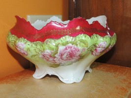 Antique 8&quot;x6.5&quot; Bowl MZ Austria Habsburg China porcelain roses gold trim - $15.29