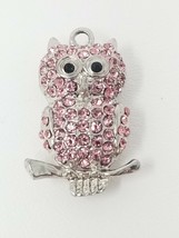 Pendant Owl Wide Eyed Wise Silver Metal and Pink Crystal Vintage  - £11.71 GBP