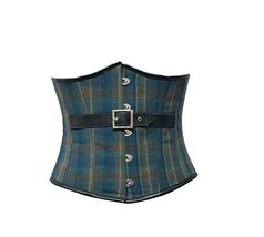 Blue Printed with Black Leather Belt Goth Corset Costume Waist Cincher Underbust - $49.99