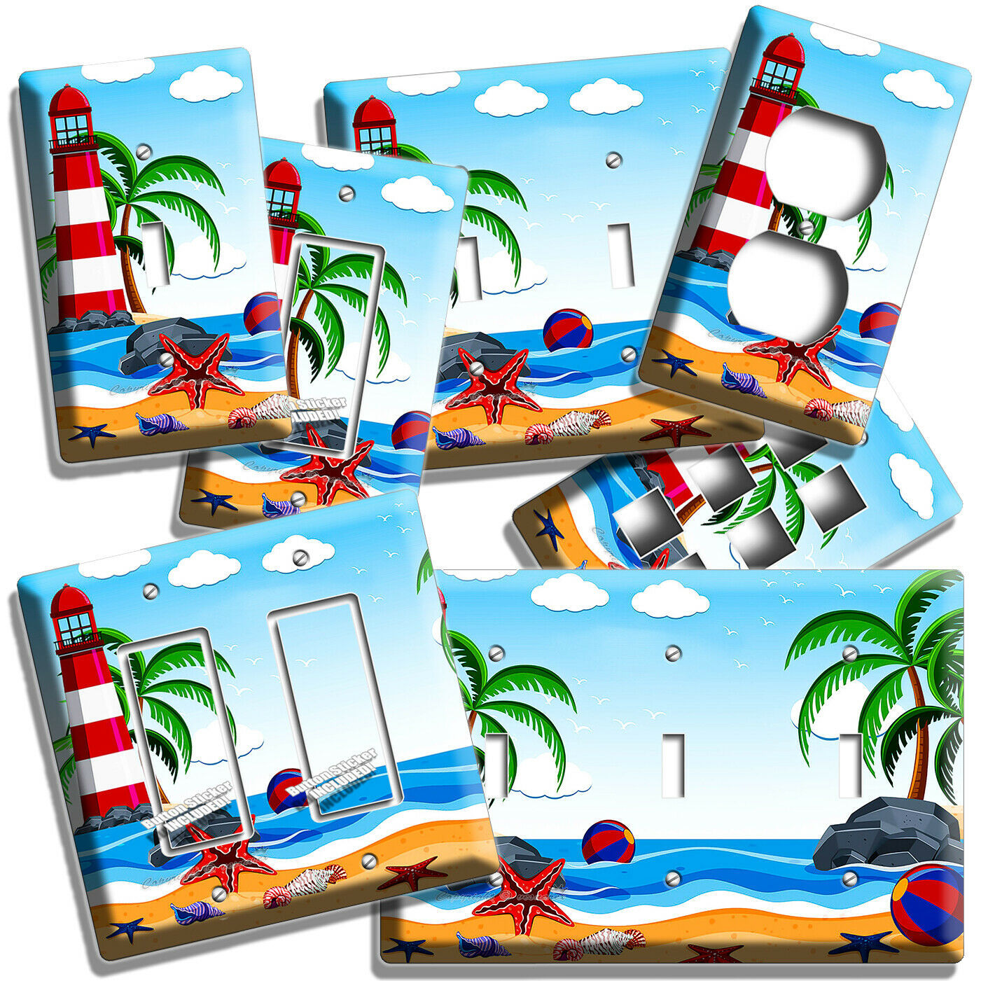 RED LIGHTHOUSE TROPICAL BEACH STARFISH LIGHT SWITCH OUTLET WALL PLATE ROOM DECOR
