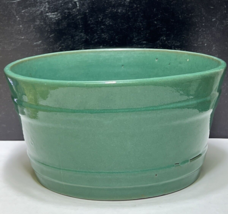 Antique Redware Earthenware Pottery Green Glazed Banded Crock Milk Bowl Farm - £50.60 GBP
