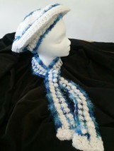 Handmade Crocheted Blue &amp; White very soft Hat &amp; Scarf set-Great Christmas Gift! - £11.74 GBP