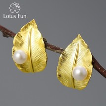 Gold Natural Pearl Unusual New Leaf  Stud Earrings for Women Original Real 925 S - £36.61 GBP