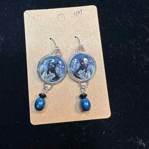 Cat Kitten Black Hoop Earrings Silver Tone with Dangling black &amp; Blue Beads - £10.52 GBP