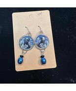 Cat Kitten Black Hoop Earrings Silver Tone with Dangling black &amp; Blue Beads - $14.00