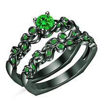 2Ct Green Emerald 14k Black Gold Over Leaf Style Bridal Ring 925 Sterlin... - $74.79
