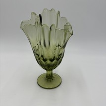 Fenton Vase Glass Colonial Green Thumbprint Handkerchief Compote Ruffled... - $40.50