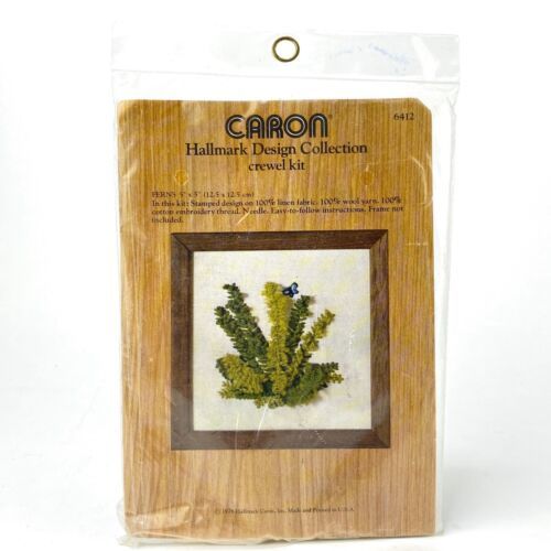 Ferns 5 x 5 Crewel Embroidery Kit Sealed Caron 6412 3D Green Plant Butterfly VTG - $22.82