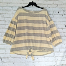 Entro Sweater Womens Large Cream Gray Striped Tie Front Knit Pullover 3/4 Sleeve - $19.99