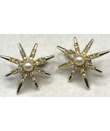 Vintage Emmons Starburst Faux Pearl AB Clip On Goldtone Earrings - $14.99