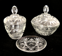 Anchor Hocking Prescut Clear Lot Candy Dish and Sugar Bowl with Lids 4.5&quot; Plate - £11.89 GBP