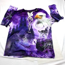 NWT Ouku XL Purple Polyester Eagle &amp; Wolf Graphic Lace-Up Shirt - $24.06