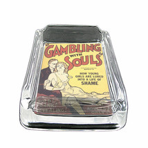 Vintage Poster D307 Glass Square Ashtray 4&quot; x 3&quot; Cigarettes Gambling With Souls - £39.43 GBP