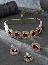 Purple Multistrand Beaded Ethnic Kundan Jewelry Necklace Earring Ring Set Women - £20.10 GBP