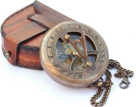 Vintage Maritime Pocket Sundial Nautical Brass Compass With Antique Leather Case - £24.65 GBP