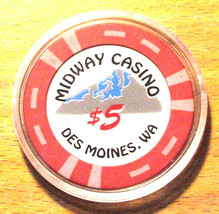 $5. Midway Casino Chip - Des Moines, Washington - Bud Jones Mold - £6.64 GBP