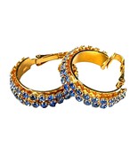 Vintage Gold Tone Hoop Earrings with Blue Rhinestones – Clip-On Mid-Cent... - $19.95