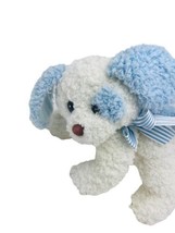 White Curly Puppy Blue Eye Spot Blue Ears Plush Stuffed Animal Striped Ribbon - £13.20 GBP