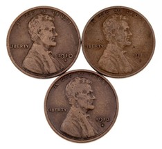 Lot of 3 Lincoln Wheat Cents (1910, 1911, 1913)-S in Fine to Very Fine Condition - £58.57 GBP