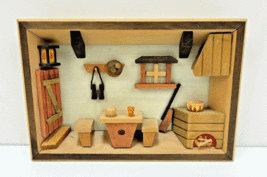 3D Wooden Shadow Box Diorama Germany Cabin Kitchen Handmade Folk Art Signed - $29.99