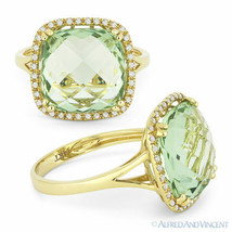 6.56ct Cushion Cut Green Amethyst Diamond Pave 14k Yellow Gold Halo Fashion Ring - £710.07 GBP