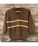 Vintage Wool Sweater Mens XL Brown Tan V-neck 3/4 Sleeves Thick Heavy - $60.48 CAD