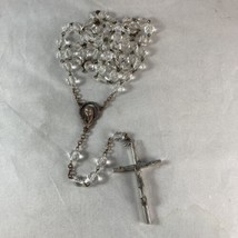 Clear Cut Crystal Beads Rosary Necklace Catholic Holy Cross Silver Tone Crucifix - £31.24 GBP