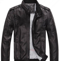 Black Men Biker Leather Jacket Tab Collar Shoulder Epaulets Stretchable ... - $2,546.82 MXN