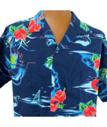 Hawaiian Aloha Large Shirt  Palm Trees Hibiscus Clouds Ocean Sailboat Tr... - $29.99