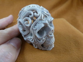 (Skull-w32) large ornate human Skull figurine Bali moose antler carving ... - $216.68