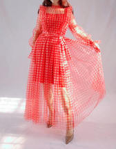 Red Long Tutu Dress Gowns Long Sleeve Vintage Inspired Pink Plaid Pattern image 2