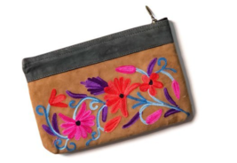 Suede Leather Boho Floral Crewel Embroidered Handmade Purse Handbag - $39.99