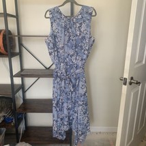 Lane Bryant Blue Floral Dress Ruffles Size 24 Lined Sleeveless Sash - £21.79 GBP