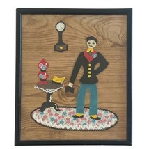 Vintage Outsider Art Collage Felt &amp; Fabric Mustache Dandy Holds Book Bird Clock - £67.10 GBP