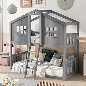 House Bunk Beds, Twin Over Twin Bunk Bed With Roof, Ladder And Windows, ... - $741.99