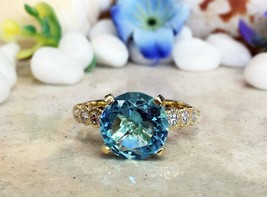 3.50Ct Round Cut Aquamarine Engagement Wedding Rings 14K Yellow Gold Finish - £72.05 GBP