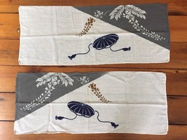 Pair of Vtg Mid Century Tenugui Furoshiki Straw Kasa Tassel Hat Cotton Tea Towel - £62.92 GBP