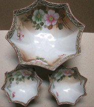 Porcelain Nippon 8 Sided Hand Painted Candy Dish Floral Design + 2 Individual - £41.08 GBP