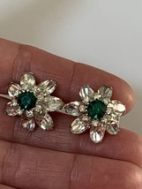 Vtg Les Bernard Earrings Crystals Clear &amp; Emerald Green Floral Screw Back Dazzle - £31.37 GBP