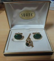 Vintage Swank Gold Tone &amp; Green Stone Cuff Links &amp; Tie Tack in Original Box - $47.00