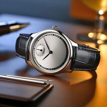 Men's Belt Style Waterproof Quartz Watch Clean Dial Silver Color Leather... - $15.83