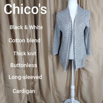 Chico&#39;s Size 0 Black &amp; White Knit Cotton Blend Buttonless Cardigan - £14.15 GBP