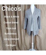 Chico&#39;s Size 0 Black &amp; White Knit Cotton Blend Buttonless Cardigan - £14.15 GBP