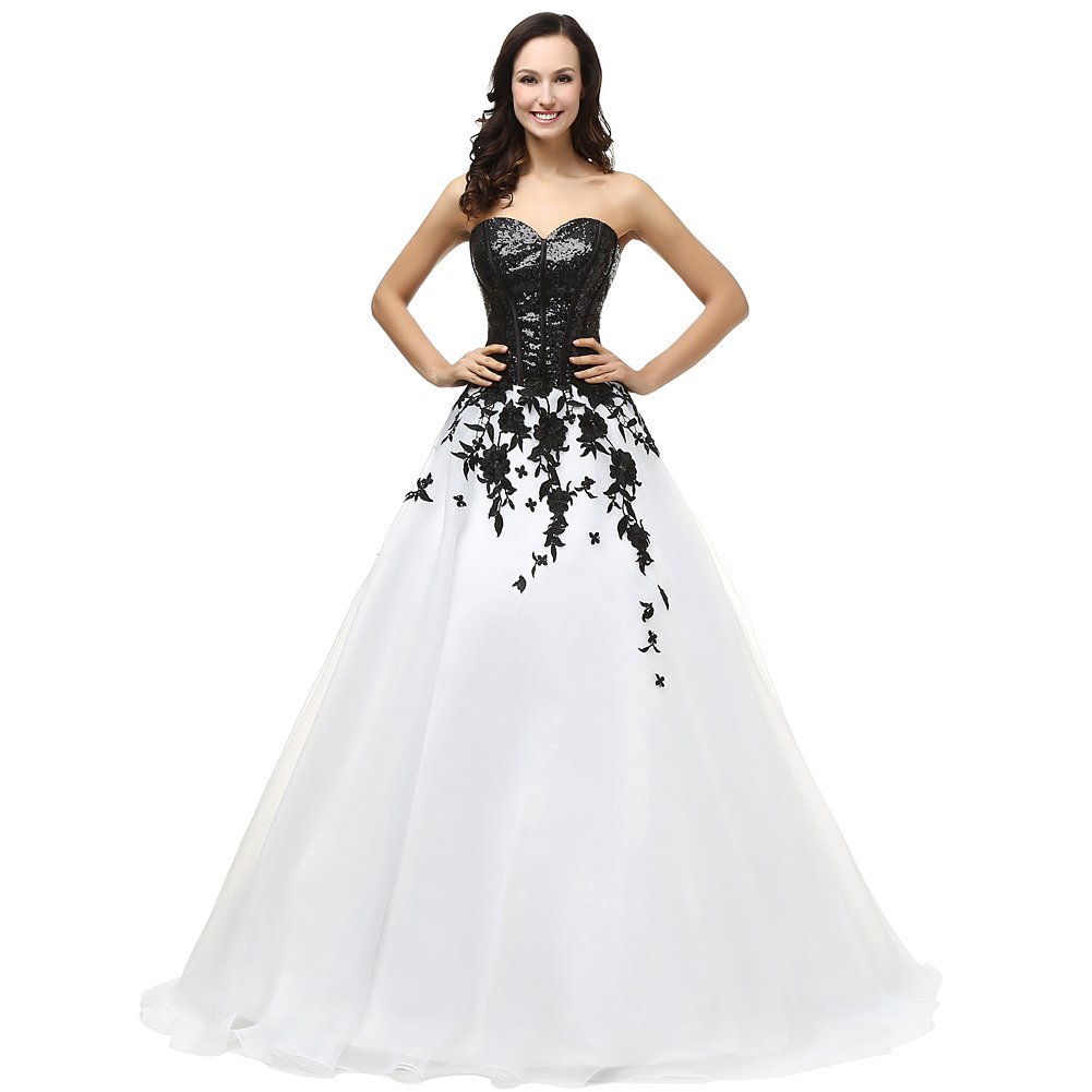 Kivary Women's Sweetheart Black Sequined White Organza Lace Corset Prom Evening
