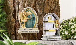 Fairy Door Statues Set of 2 Pixie 8" High Whimsical Fantasy Figurines Grey Blue image 2