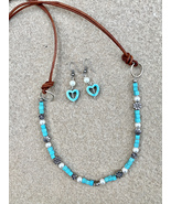 “Dream Away” Swarovski Pearl /Turquoise Leather Necklace/  Earrings Free... - £28.44 GBP