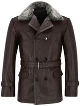 Men&#39;s Genuine brown Leather leder Jacket Military Fur German Pea Coat Un... - $173.97